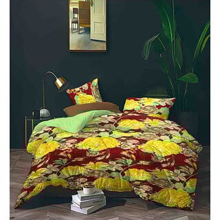 BLACK BEE Yellowflowers print on reddish,brown doublebedsheet with 2Pillowcovers (208X213cm)(BS8-01)