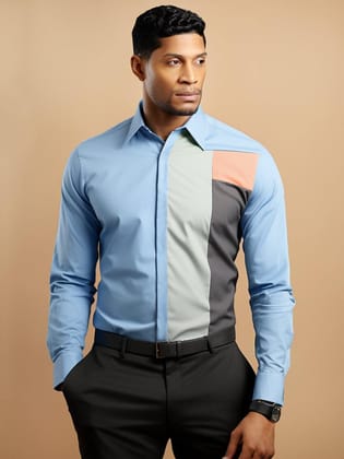 Colourblocked Smart Casual Blue Shirt-POWDERBLUE / S
