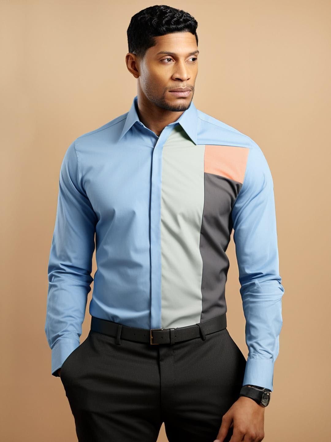 Colourblocked Smart Casual Blue Shirt-POWDERBLUE / S