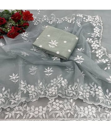 Gullak Lycra Printed Saree With Unstitched Blouse Piece ( Grey )