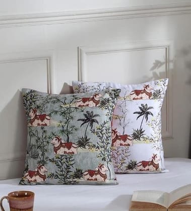 Koko Decorative Polyester Cushion Cover 16 x 16 inch | Natural Textured Green & Silver Design | Soft Square Pillow Covers for Bed, Sofa, Chair | Set of 2