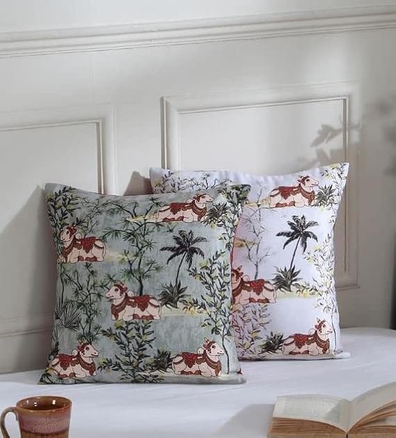 Koko Decorative Polyester Cushion Cover 16 x 16 inch | Natural Textured Green & Silver Design | Soft Square Pillow Covers for Bed, Sofa, Chair | Set of 2