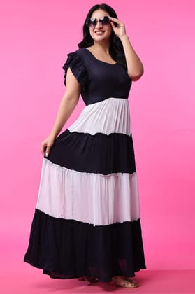 White & Blue Layered Dress-L / White