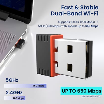 Portronics BlueFi Dual-band 2.4GHz & 5GHz up to 650Mbps, Plug-and-Play, Ideal for PCs without built-in Wi-Fi or Bluetooth