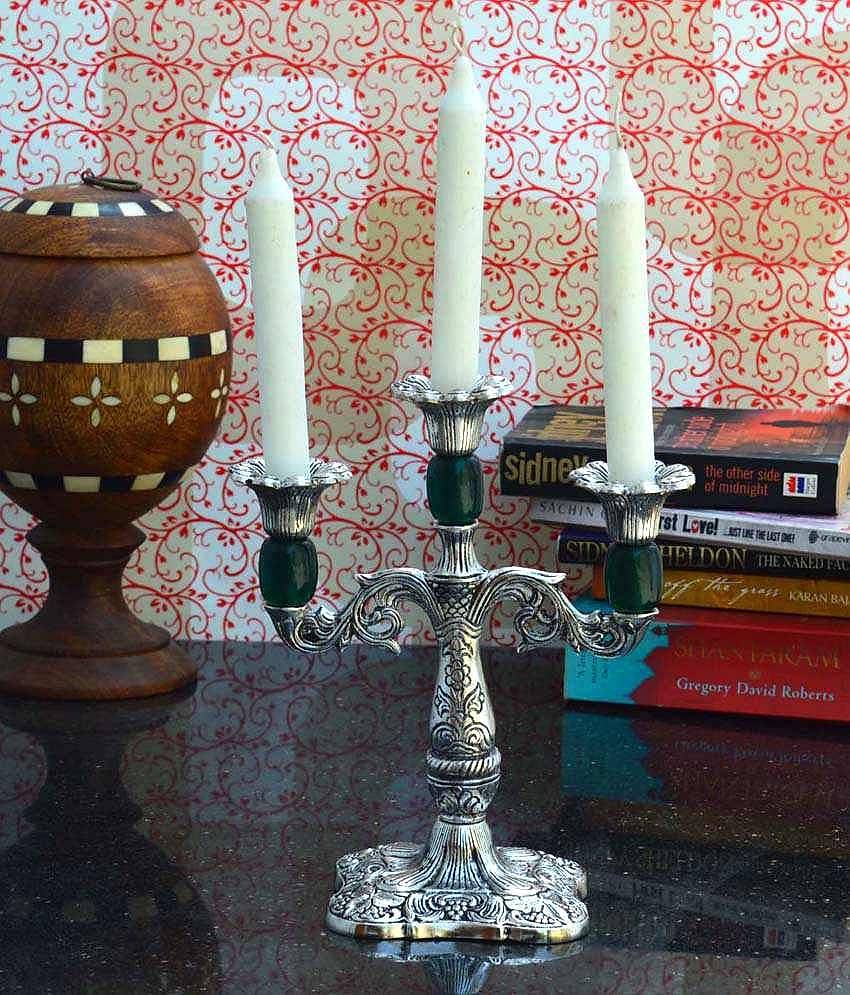 eCraftIndia Silver-Toned & Green Decorative Green Handcrafted Candle stand