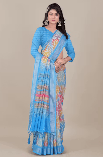 Fancy linen cotton digital printed saree with blouse