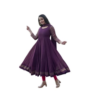 Women's Georgette Embroidery 3-4th Sleeve Round Neck Kurti with Dupatta Set (Wine, M)-PID61831