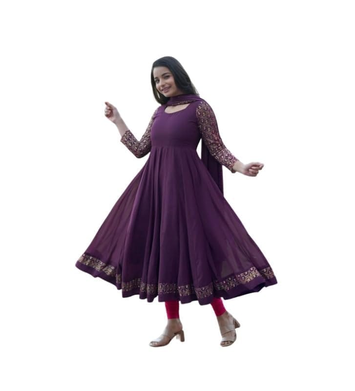 Women's Georgette Embroidery 3-4th Sleeve Round Neck Kurti with Dupatta Set (Wine, M)-PID61831