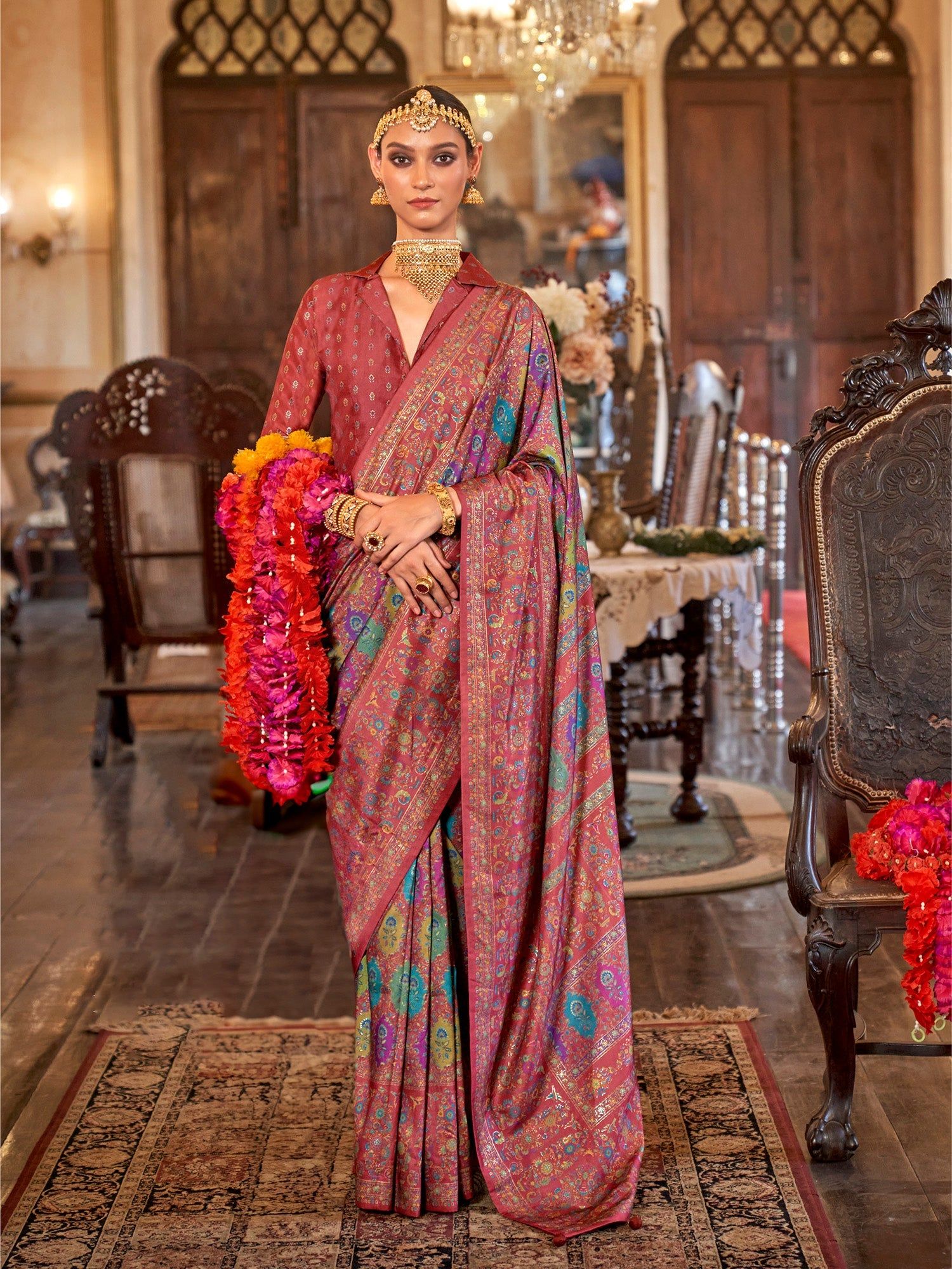 Maroon Poly Viscose Silk Floral Pashmina Saree