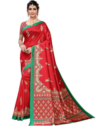 Saadhvi Art Silk Printed Saree With Unstitched Blouse Piece ( Red )