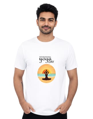 International Yoga Day Beach Yoga Meditation Polyester Round Neck T-Shirt 140 GSM White