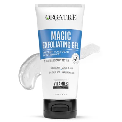 ORGATRE Magic Exfoliating Scrub Gel for Face & Body | Tan Removal & Dead Skin Exfoliator with Glycolic Acid, Niacinamide & Hyaluronic Acid | 175ml De-Tan Gel for Glowing Skin | Dermat Tested ORGATRE Magic Exfoliating Scrub Gel for Face & Body | Tan Remov