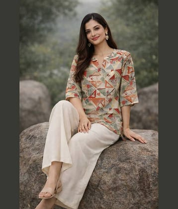 Mahek Fashion Women Printed Tunic With Palazzos Co-Ord Set ( Beige )