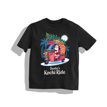 santa in kochi T-Shirt - Round Neck Drop Shoulder Graphic Printed Oversized Cotton T-shirt-S / Black