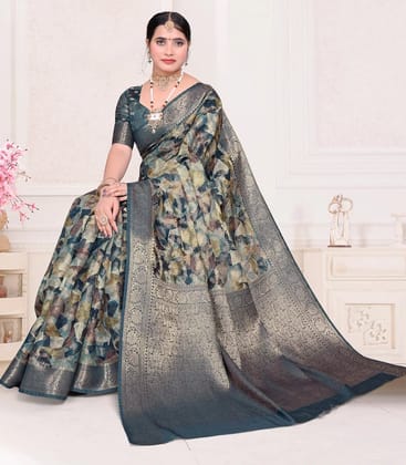 Blue Woven Art Raw Silk Saree With Printed Abstract Motifs-Blue