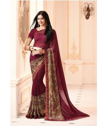 Gazal Fashions Chiffon Printed Saree With Unstitched Blouse Piece ( Maroon )