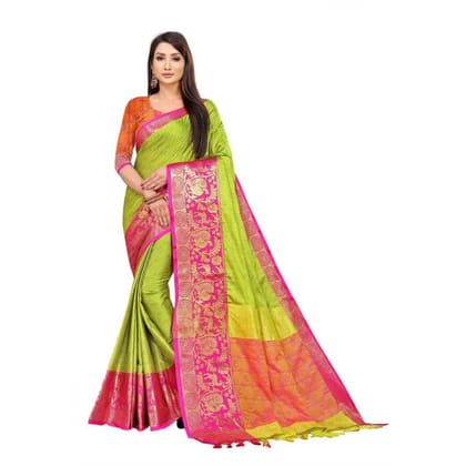 Generic Women's Cotton Silk  Saree with Blouse (Parrot Green, 5 - 6 Mtrs)