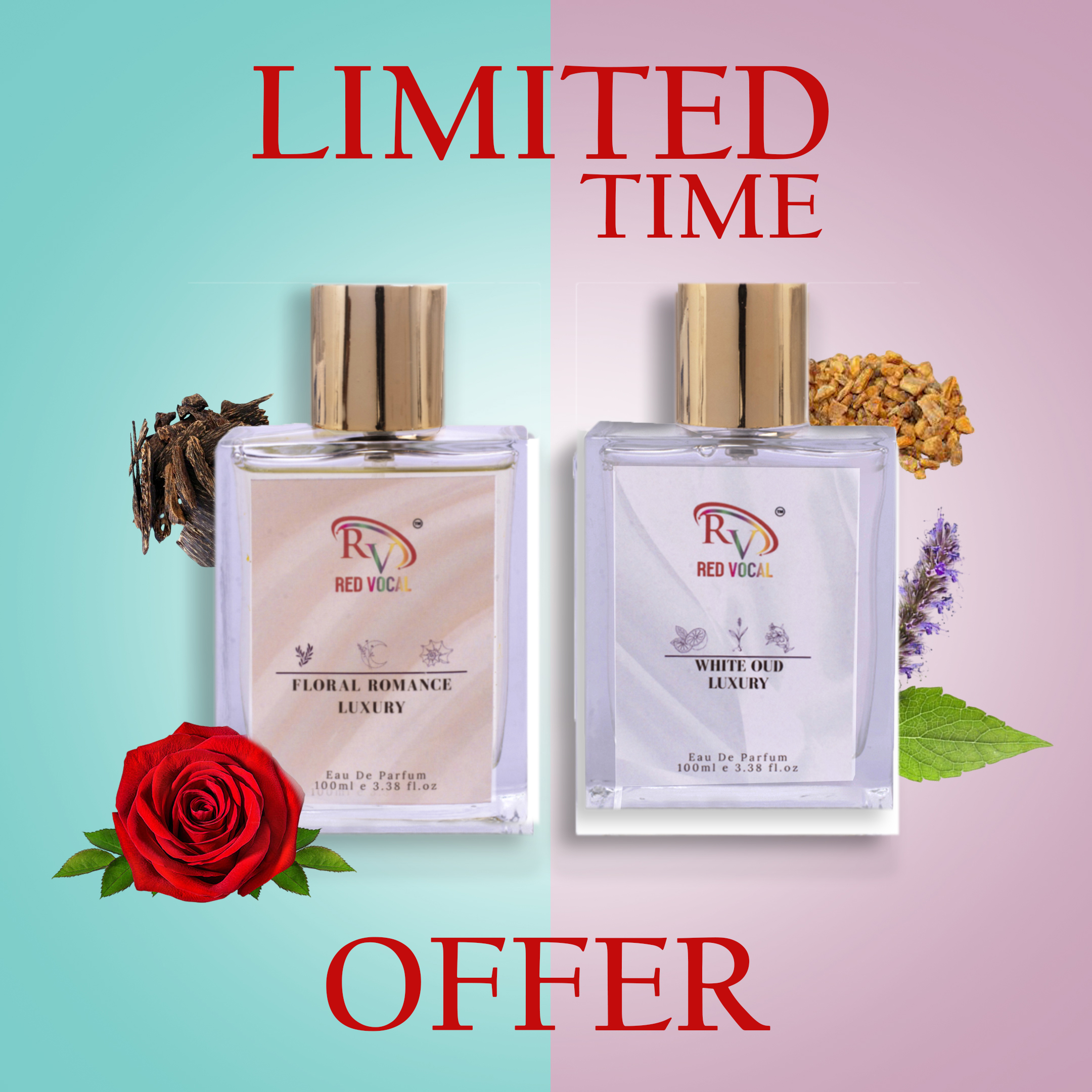 Red Vocal Floral Romance Luxury (Women) with White Oud Luxury (Unisex) 100ml Perfume Spray Combo – 2 x 100ml