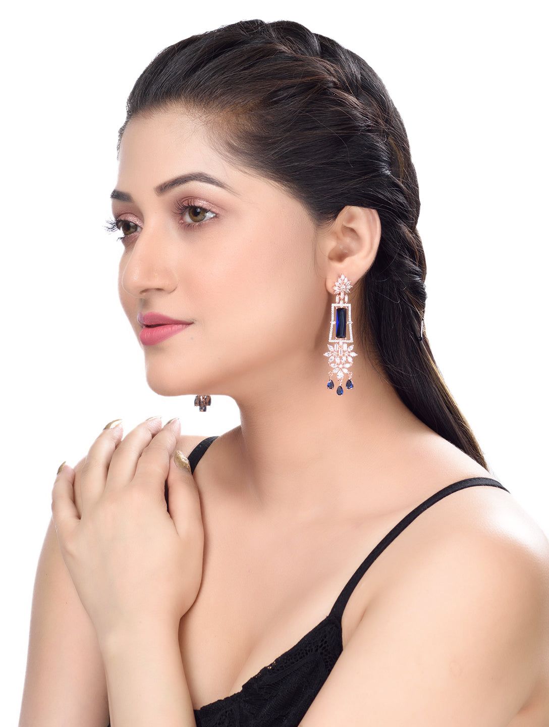 Rose Gold plated Blue AD studded Drop Earrings