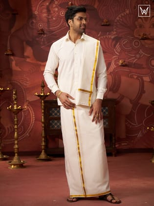 Mens Pure Cotton Cream Wedding Shirt Gold Jari Dhoti Towel Belt Combo - Vaibhav Cream-36 / F/S / Cream