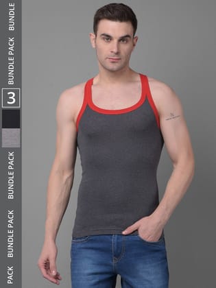 Men's Assorted Pack of 3 Solid Combed Cotton Racerback Styled Gym Vest Men's Assorted Pack of 3 Solid Combed Cotton Racerback Styled Gym Vest