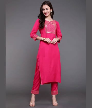 Antaran Rayon Embroidered Kurti With Pants Women's Stitched Salwar Suit - Pink ( Pack of 2 )