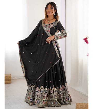 kedar fab Women Silk Circular Semi Stitched Lehenga Choli ( Black )