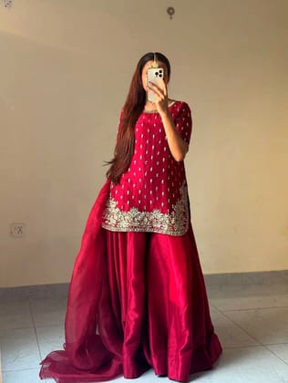 Shiv Textiles Women's Farsi Kurti and Palazzo Set Size M in Red Color French Crepe Fabric with Fancy Sequence Work Party Wear Ethnic Suit Set Stylish Designer Ready to Wear Ensemble Traditional Indian Clothing