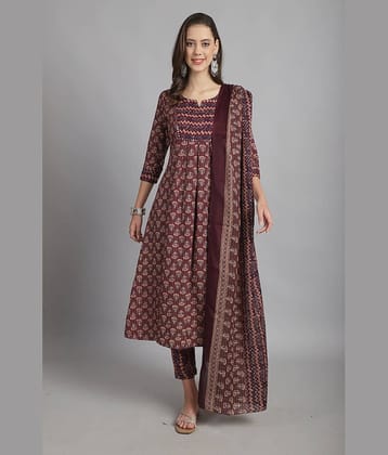 Rajnandini Women Cotton Blend Printed Flared Kurti With Pants ( Wine )