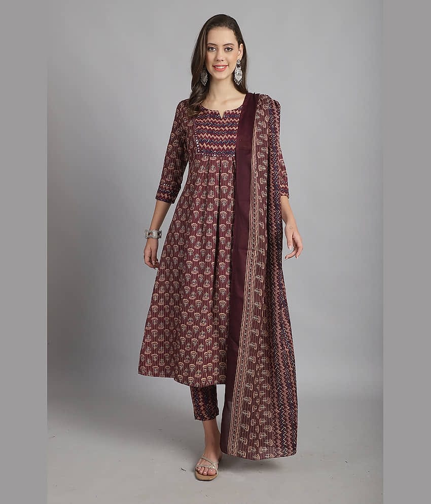 Rajnandini Women Cotton Blend Printed Flared Kurti With Pants ( Wine )