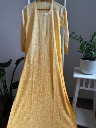 Muslin Chikankari Kurti - Yellow Ombre-Yellow / Muslin / XL