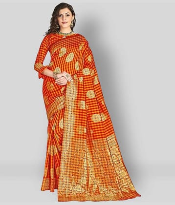 Dressy Banarasi Silk Checks Saree With Unstitched Blouse Piece ( Multicolor )
