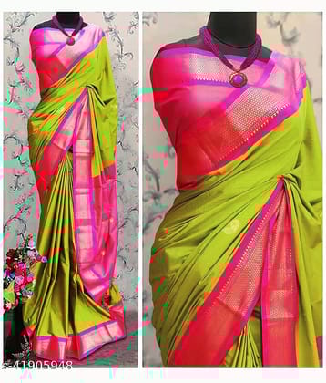 Mysstre Cotton Silk Woven Saree With Unstitched Blouse Piece ( Lime Green )