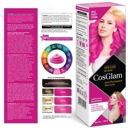 COSGLAM Semi Permanent Hair Color, No Peroxide, Non Oxidative, Ammonia Free Hair Colour 12 Hot Pink - 120gm
