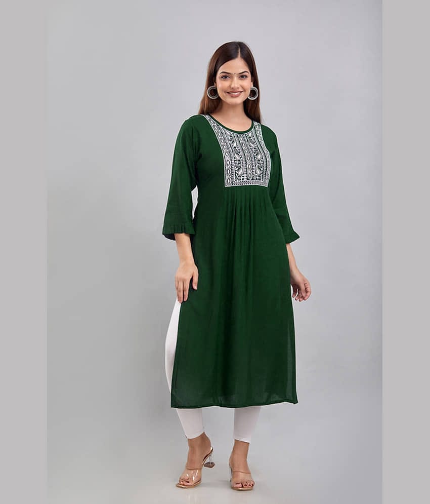 Kapadia Rayon Embroidered A-line Women's Kurti - Green ( Pack of 1 )