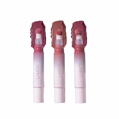 LAMIOR Blurry Fudgy Lip Tint - Combo of 3, Shade - Triple Treat | Ultra Velvety Matte | Transfer Proof & Hydrating Formula | Long-Lasting Lip Tint with Cushion Applicator | Vegan & Cruelty-Free LAMIOR Blurry Fudgy Lip Tint - Combo of 3, Shade - Triple Tr