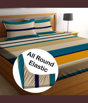 Apala Microfibre Abstract Printed Fitted Double Bedsheet With 2 Pillow Covers- Yellow