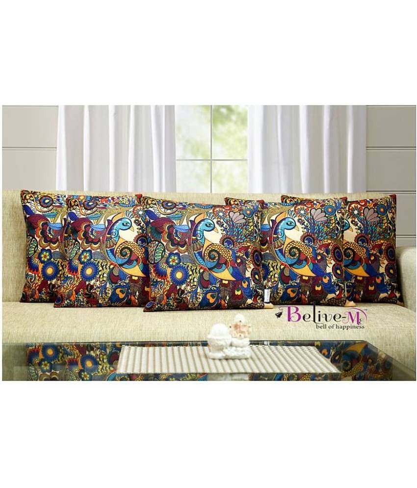 Belive-Me Set of 5 Jute Print Multicolor Cushion Covers Ethnic Themed 40X40 cm (16X16 inch)