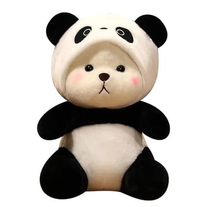 CuddleNest 40 cm Plush Bear in Panda Costume with Cap – Ultra-Soft Stuffed Animal Toy for Kids, Black & White Cuddly Friend for Gifting and Snuggles