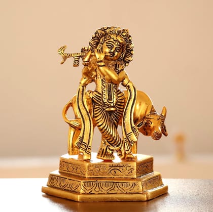 Dreamkraft Gold-Plated Krishna with Flute & Cow Idol | Hindu Religious Metal Figurine for Home Decor, Mandir, Car Dashboard, Gift, Puja Room & Office Table (Lord Krishna Idol)