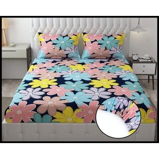 Double Bed Printed Cotton Elastic Fitted Bedsheet with 2 Pillow Covers (Fits up to 6 inch mattress)