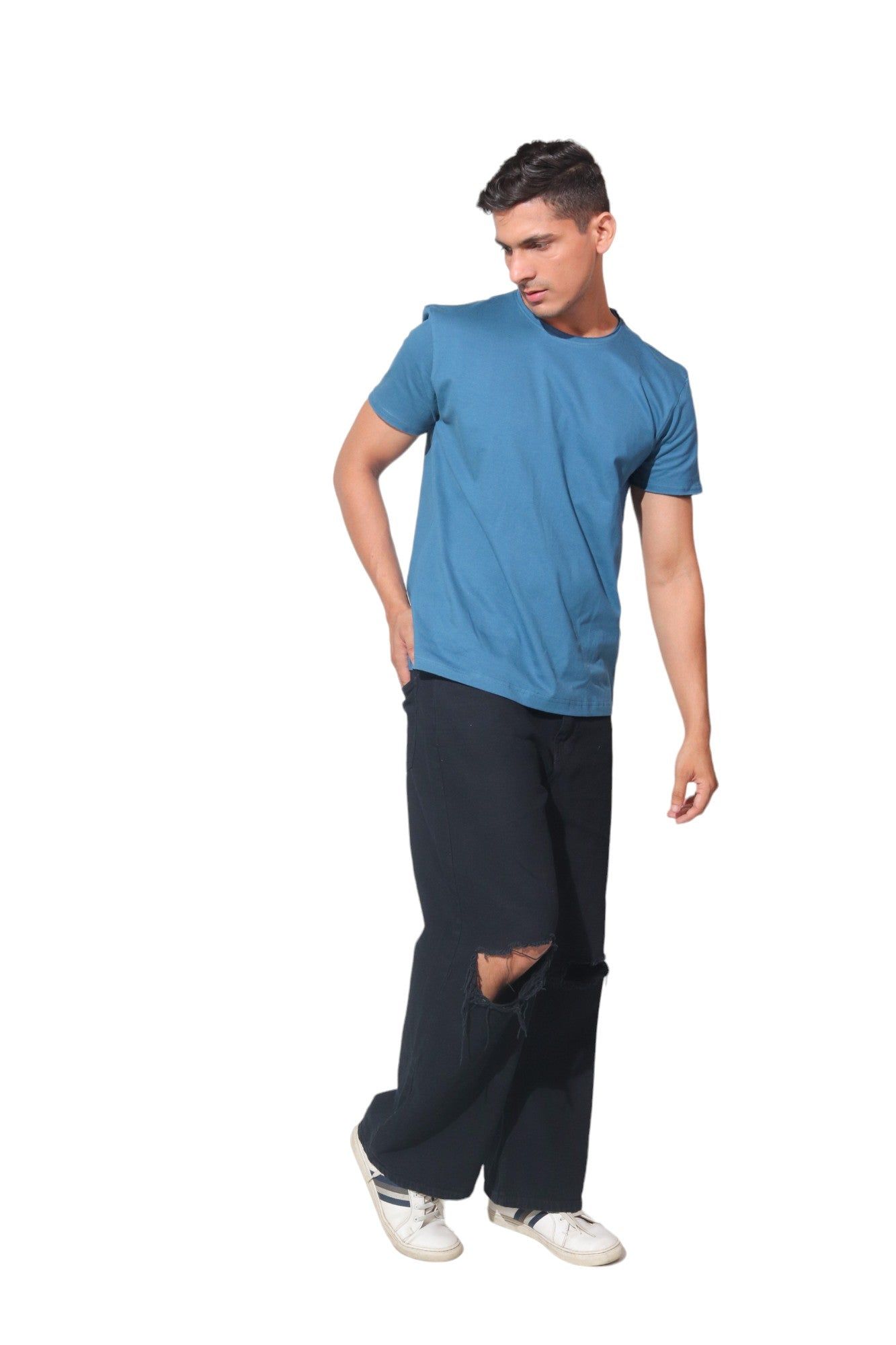 Kinnko Premium Cotton Mens Plain T-Shirt Steel Blue