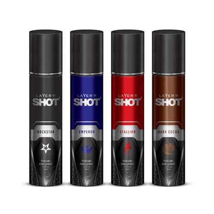 Layer'r Shot Body Spray for Men - 4 � 20ml | Rockstar, Dark Cocoa, Emperor, & Stallion | Long Lasting Pocket Spray | Suitable for Every Occasion | Gift