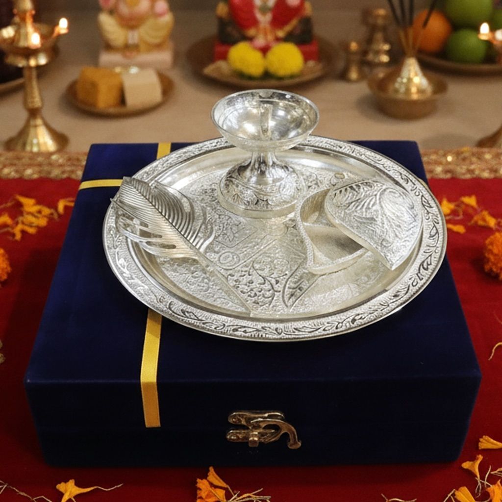 Aluminium Pooja Thali | Aluminium Puja Thali Set | Aarti Plate for Hindu Worship & Festive Gifting, Height : 0.5 Inch (ATMAS089 C)