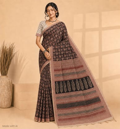 Handcrafted Bagh Print Sausar Cotton Saree 