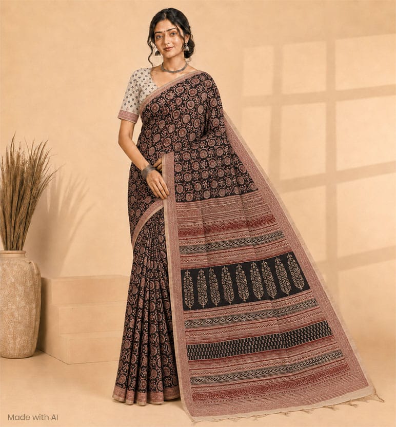 Handcrafted Bagh Print Sausar Cotton Saree