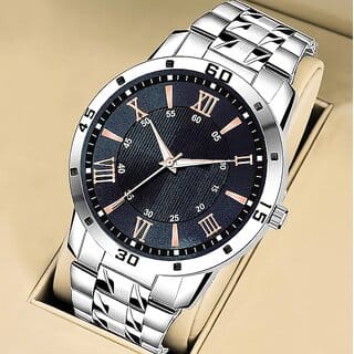 HRV Men's Analog Watch with Black Roman Dial & Silver Stainless Steel Strap Classic Stylish Timepiece HRV Men's Analog Watch with Black Roman Dial & Silver Stainless Steel Strap Classic Stylish Timepiece