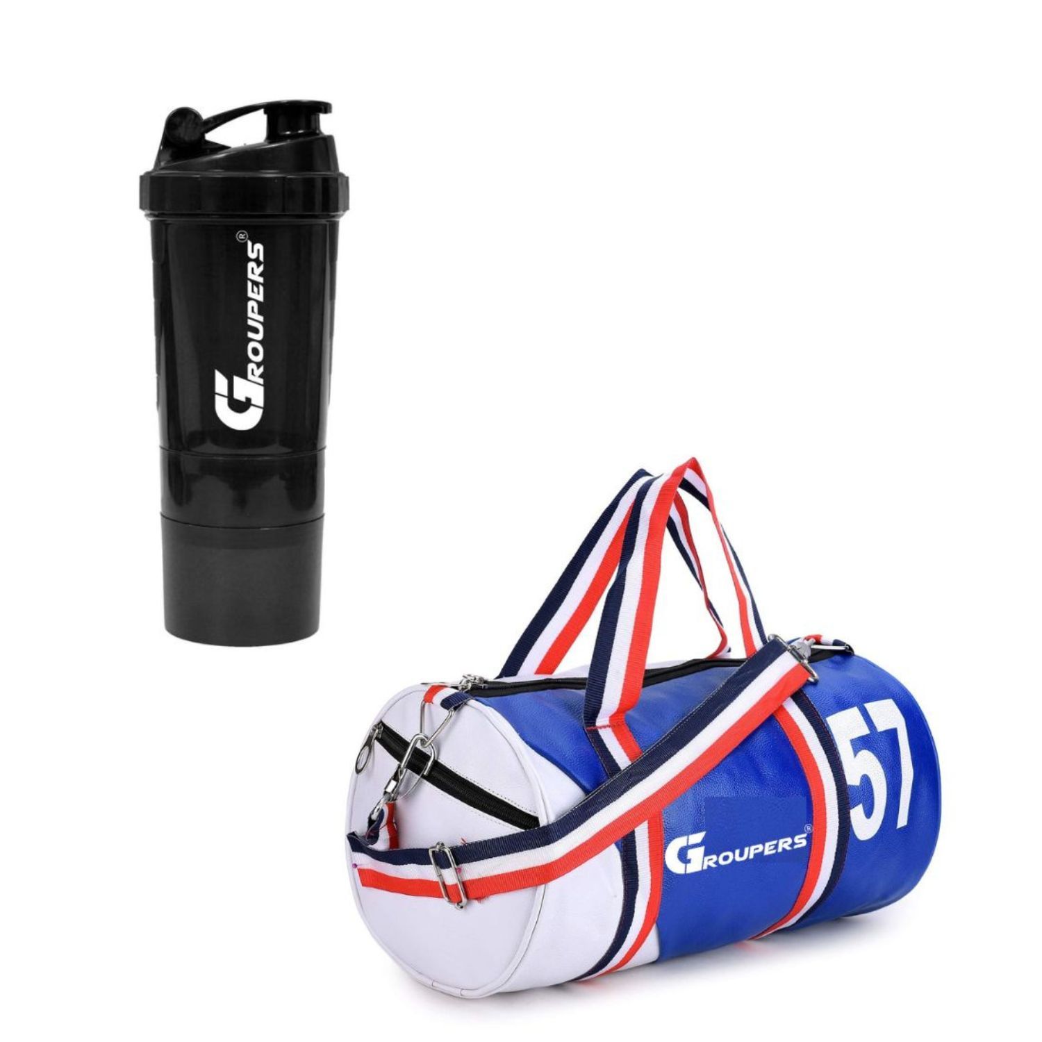 GROUPERS Duffle PU Leather Bag with Shaker Bottle-500mllSports & Travel BaglSports Kitl (Blue White)