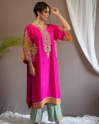 Heavy Chinon Sequence Embroidery work Kurti Palazzo Set (Stitched)-Free Size [Alters 38-44]