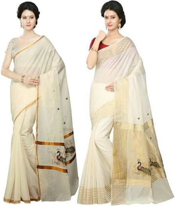 RSV FABRICS Kerela Cotton Saree With Unstitched Blouse Piece ( White,Beige )